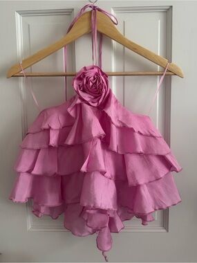 Emory Park Pink Ruffled Halter Crop Top with Rosette